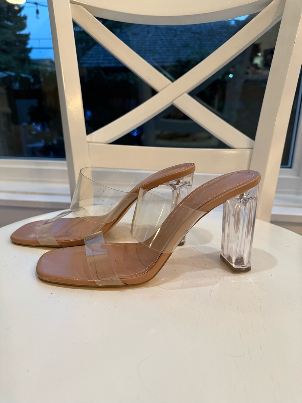 Zara Basic Collection Clear Lucite Block Heel Mules Transparent PVC straps sz 39